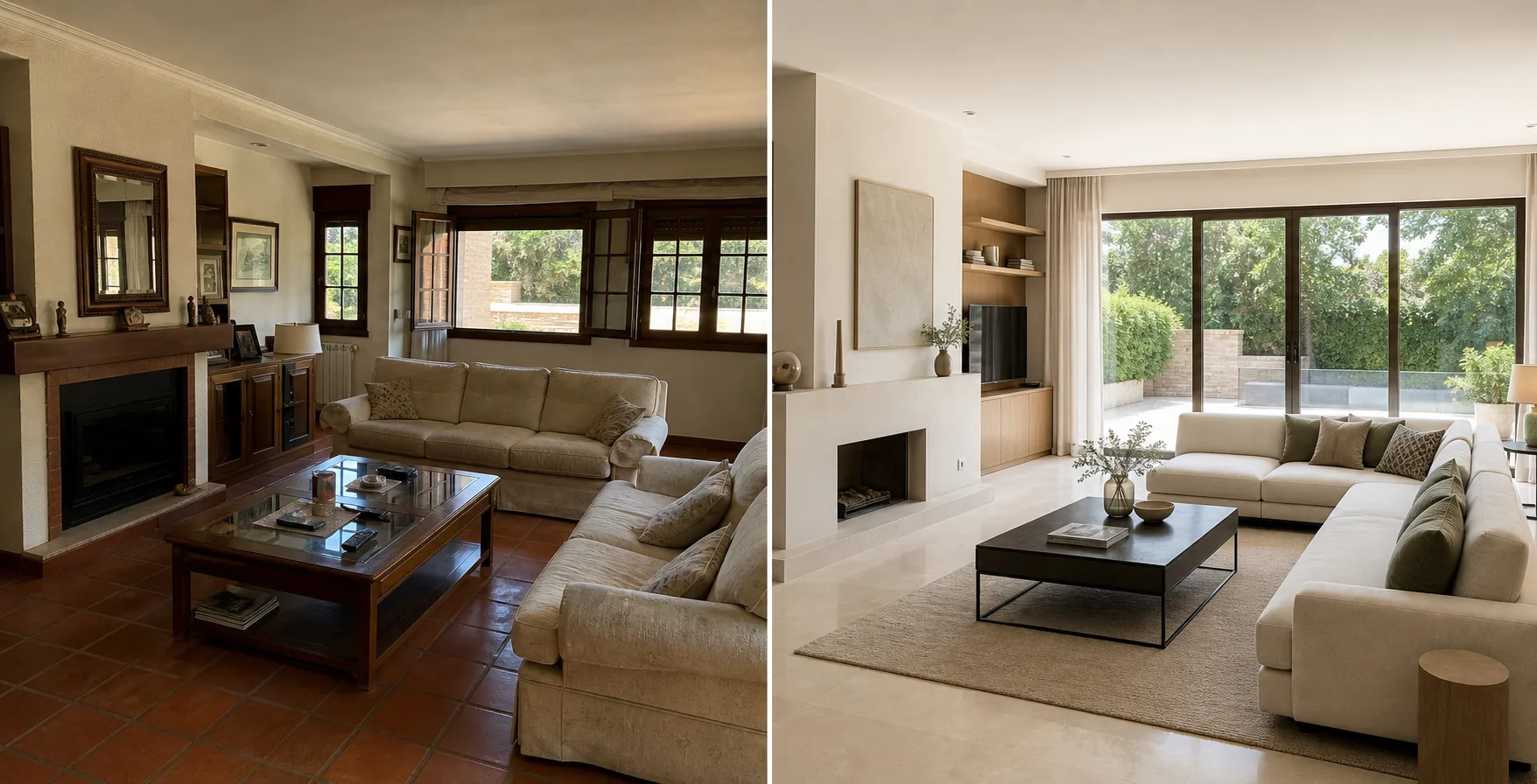 Antes y después conceptual de un salón de chalet reformado