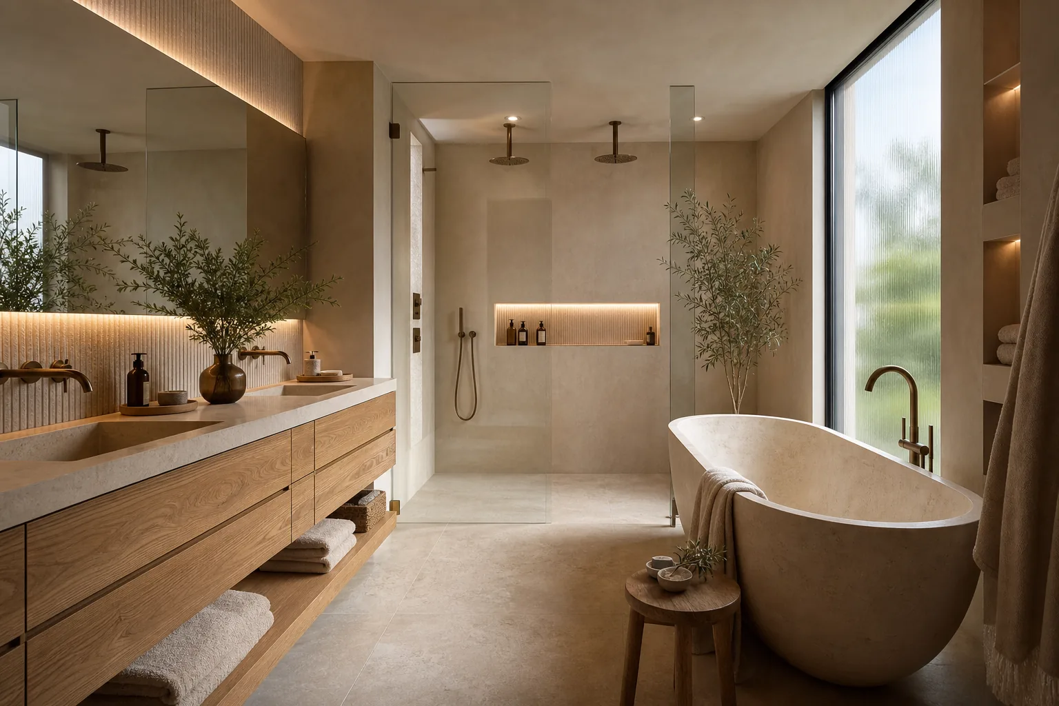 Baño premium con piedra natural, madera y ducha amplia